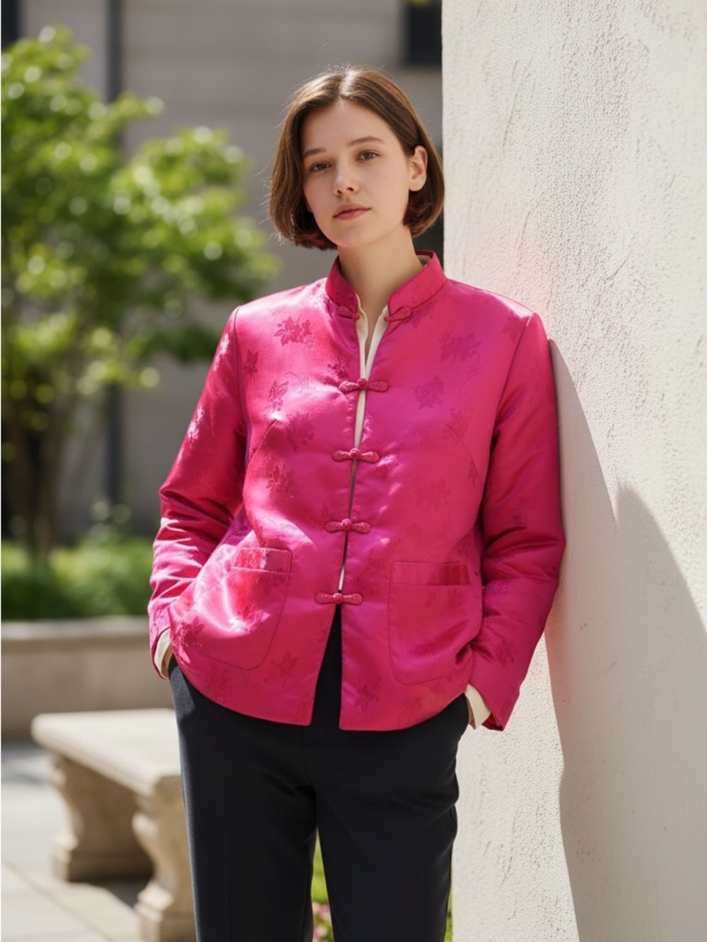 mark. Hot Pink Satin Mandarin-Collar Jacket